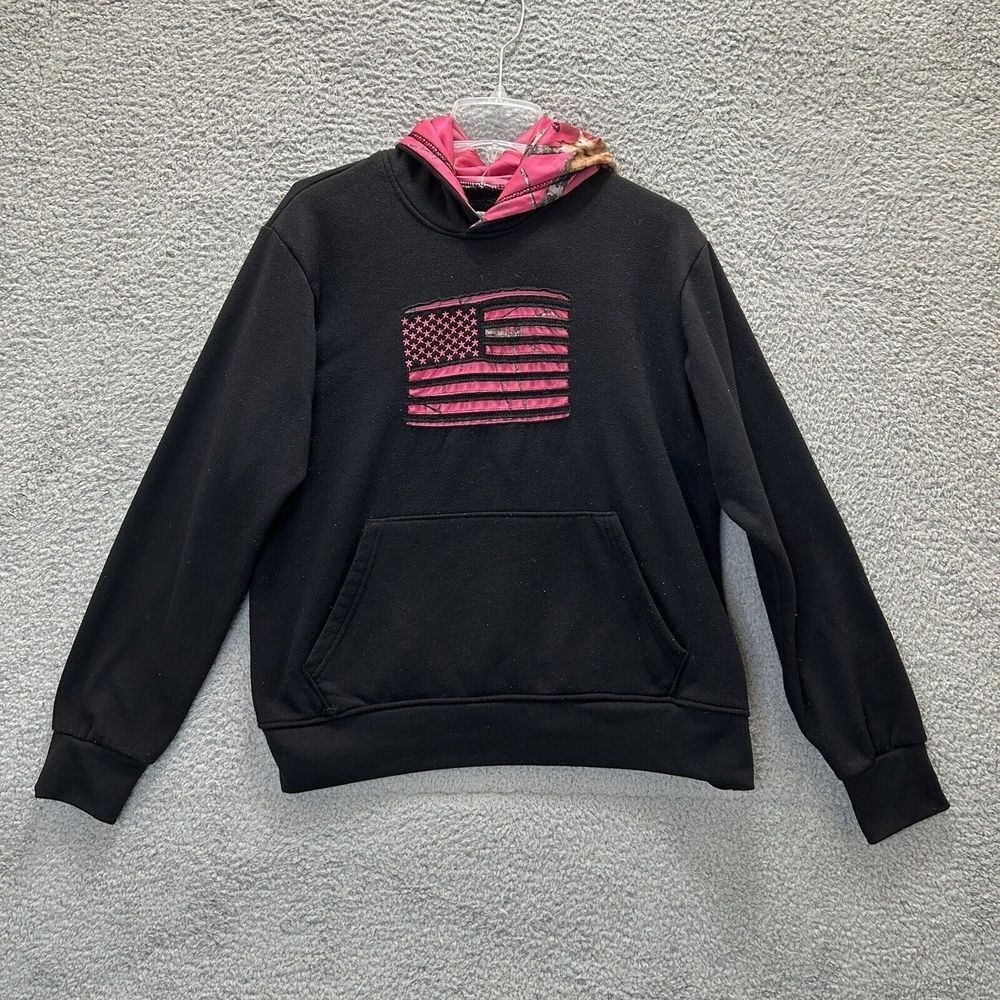 Mossy Oak Hoodie‎ Women Large Black Pink Flag Fleece Sweatshirt Outdoor USA Flag